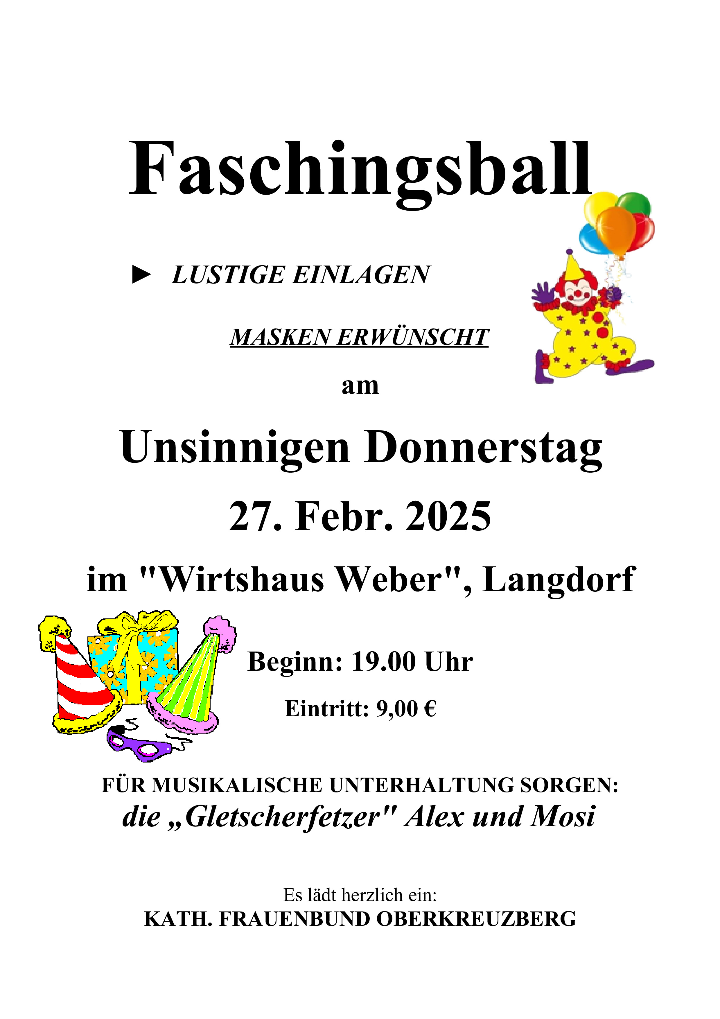 Der Katholische Frauenbund Oberkreuzberg lädt zum Faschingsball 