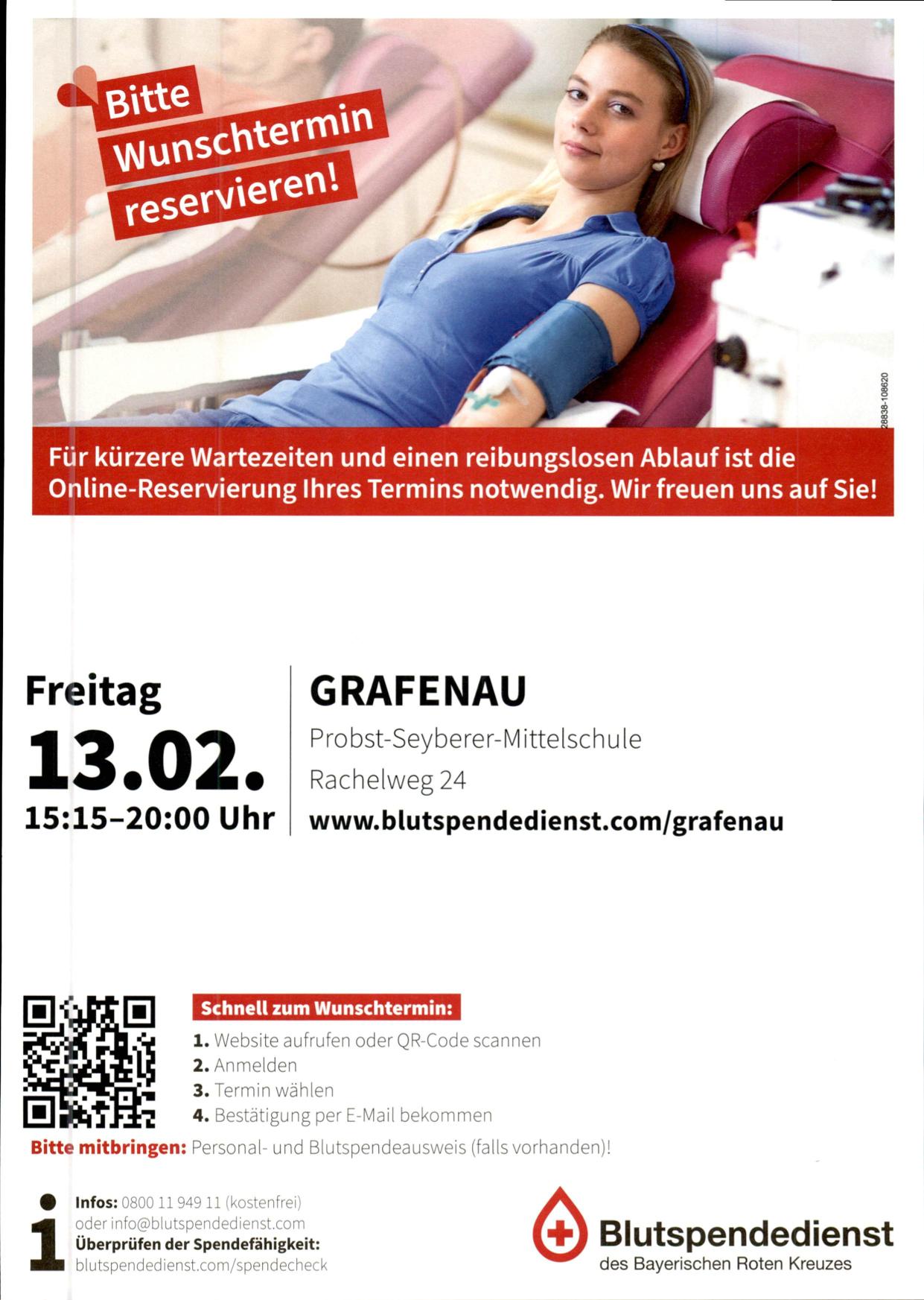 Nächste Möglichkeit zum Blutspenden am Freitag, den 13.02. von 15:15 - 20:00 Uhr in der Probst-Seyberer-Mittelschule Grafenau