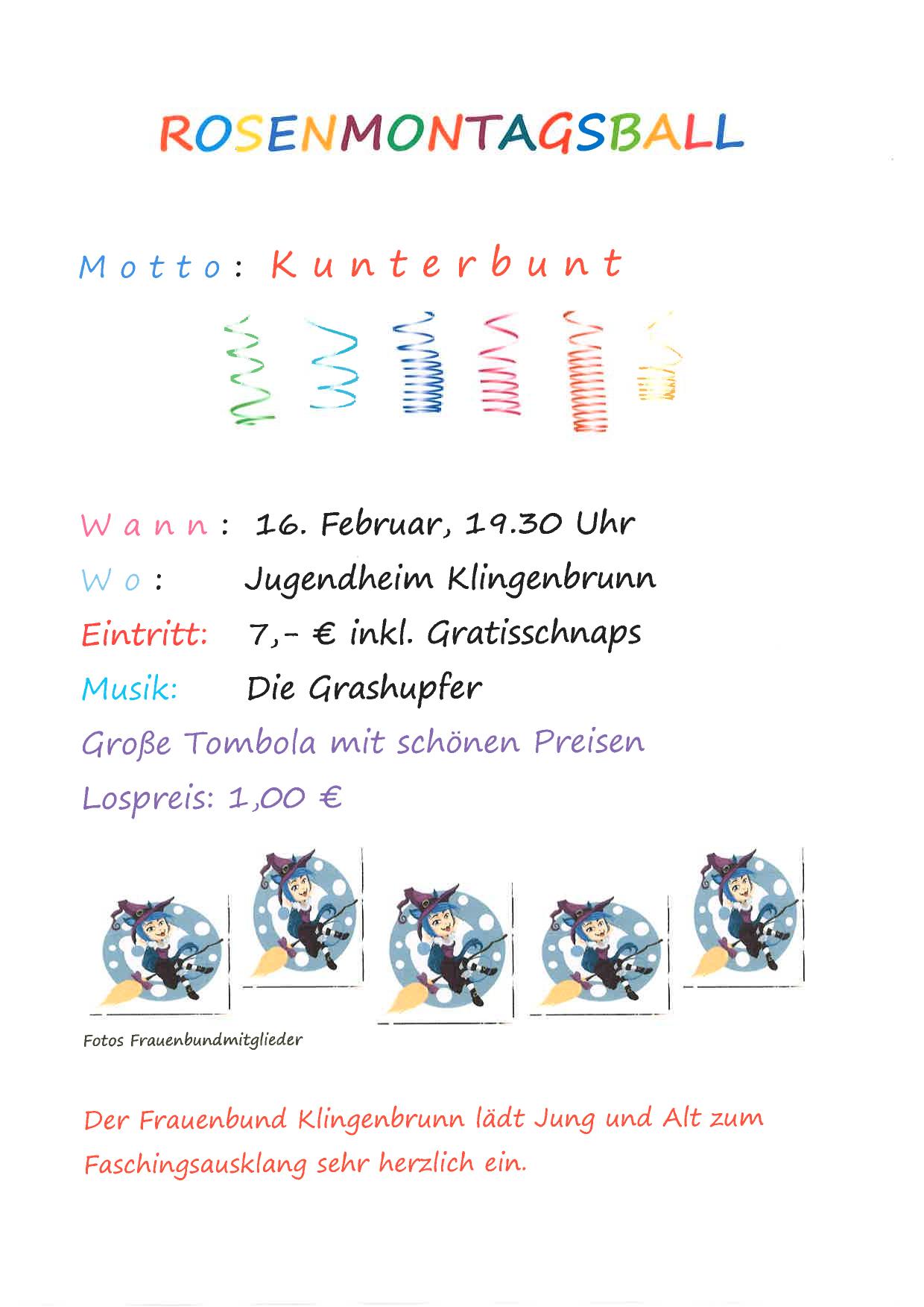 Der Frauenbund Klingenbrunn lädt zum Rosenmontagsball am 16.02.2026 um 19:30 Uhr ins Jugendheim Klingenbrunn