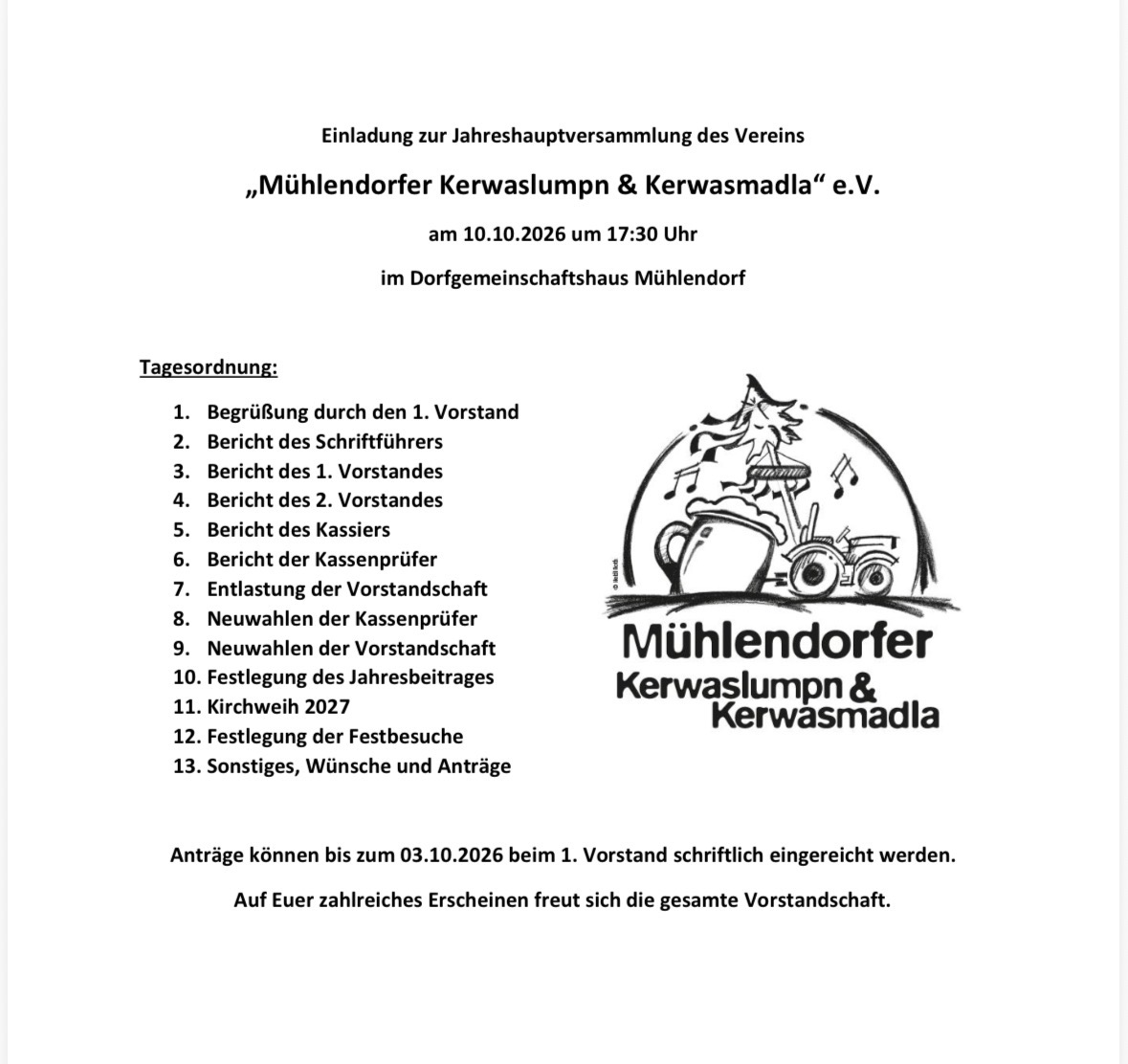 Einladung zur Jahreshauptversammlung 2026
