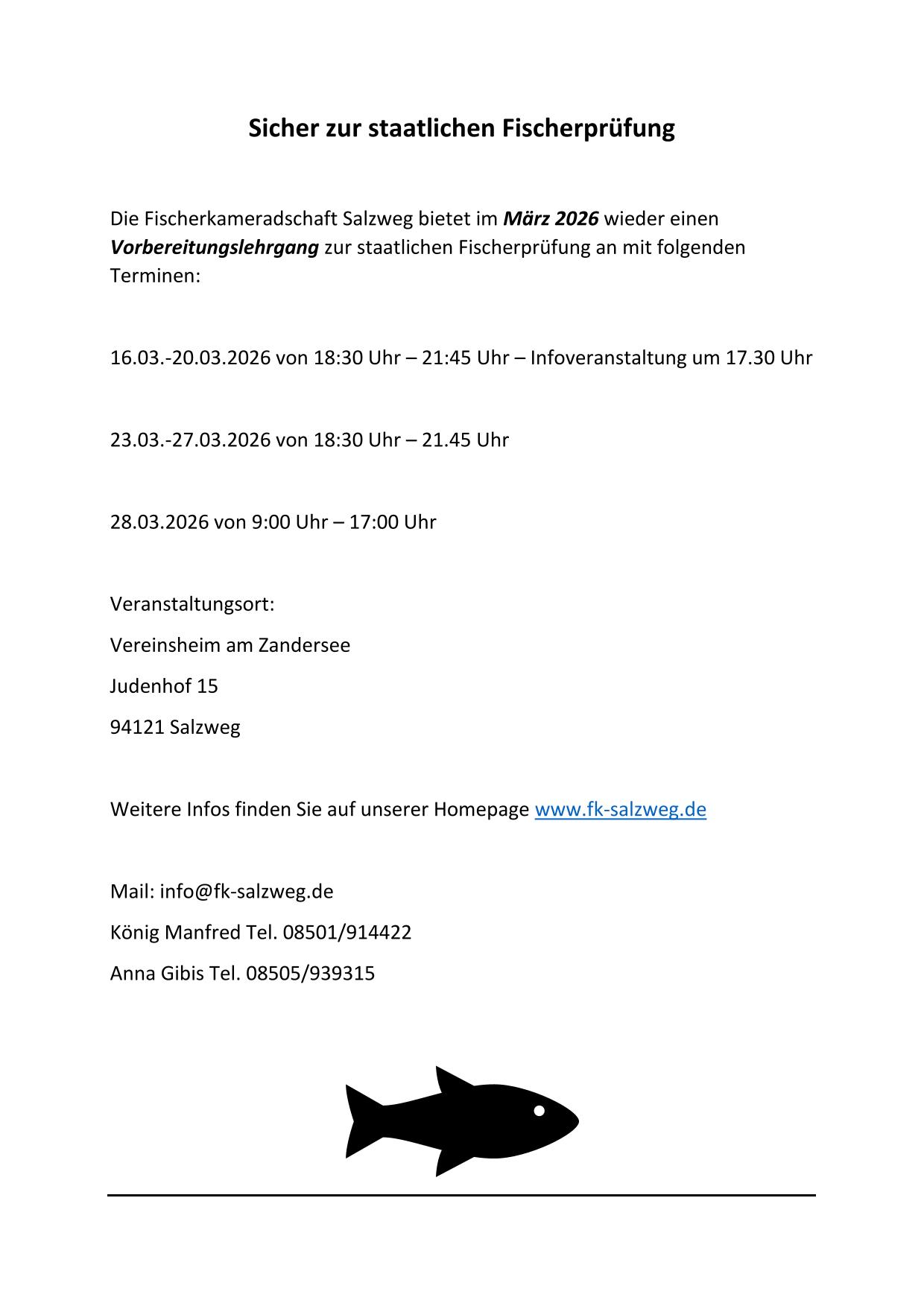 Vorbereitungslehrgang zur staatlichen Fischerprüfung von der Fischerkameradschaft Salzweg