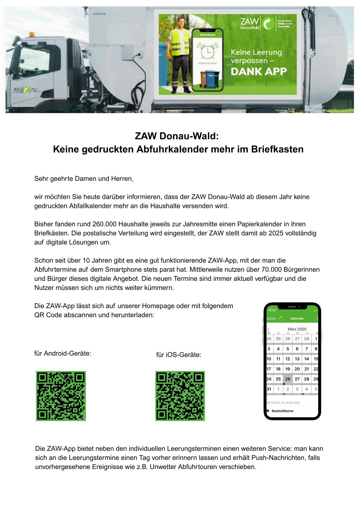 ZAW Donau-Wald: Keine gedruckten Abfuhrkalender mehr im Briefkasten