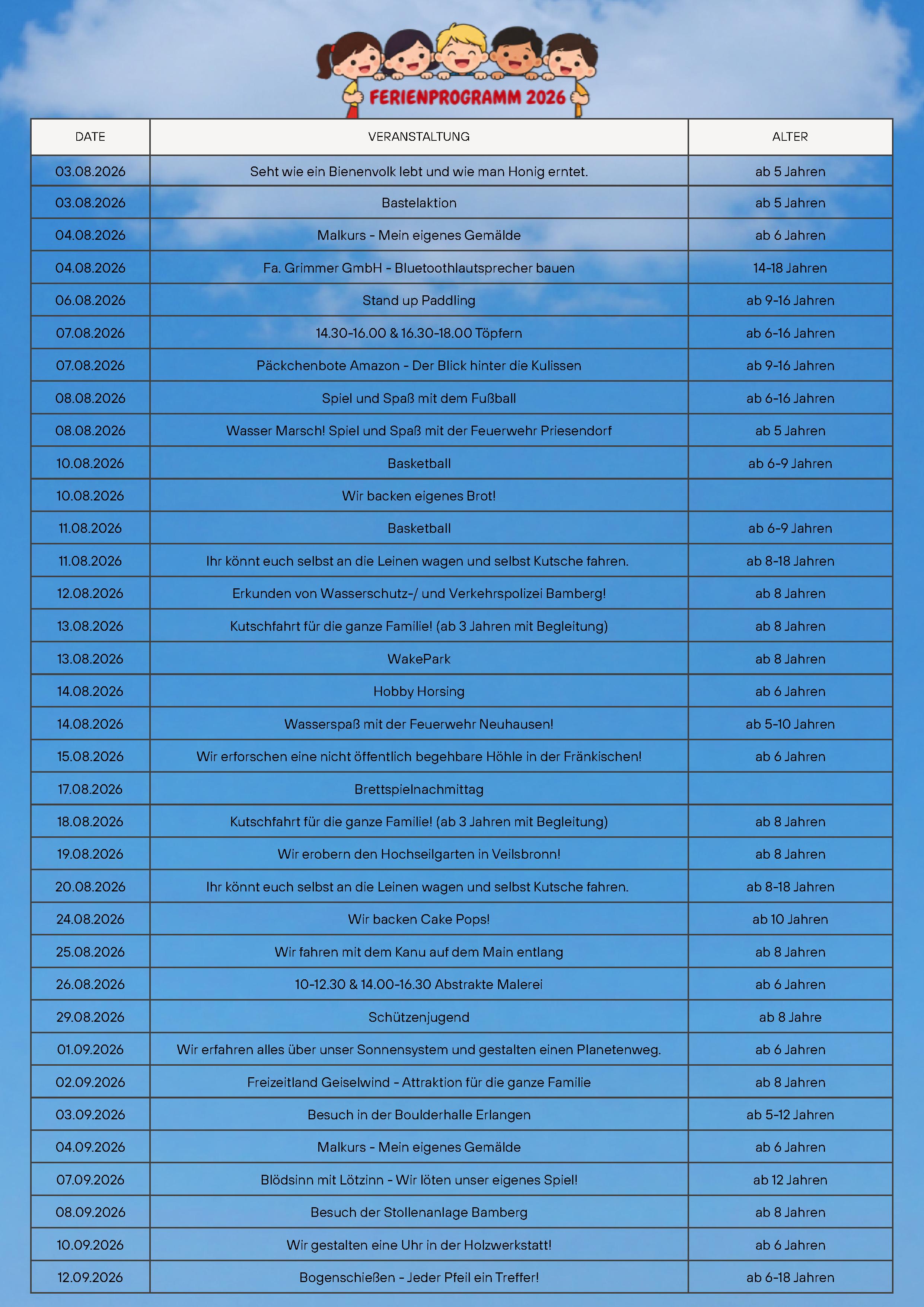 Ferienprogramm 2026 der VG Lisberg 