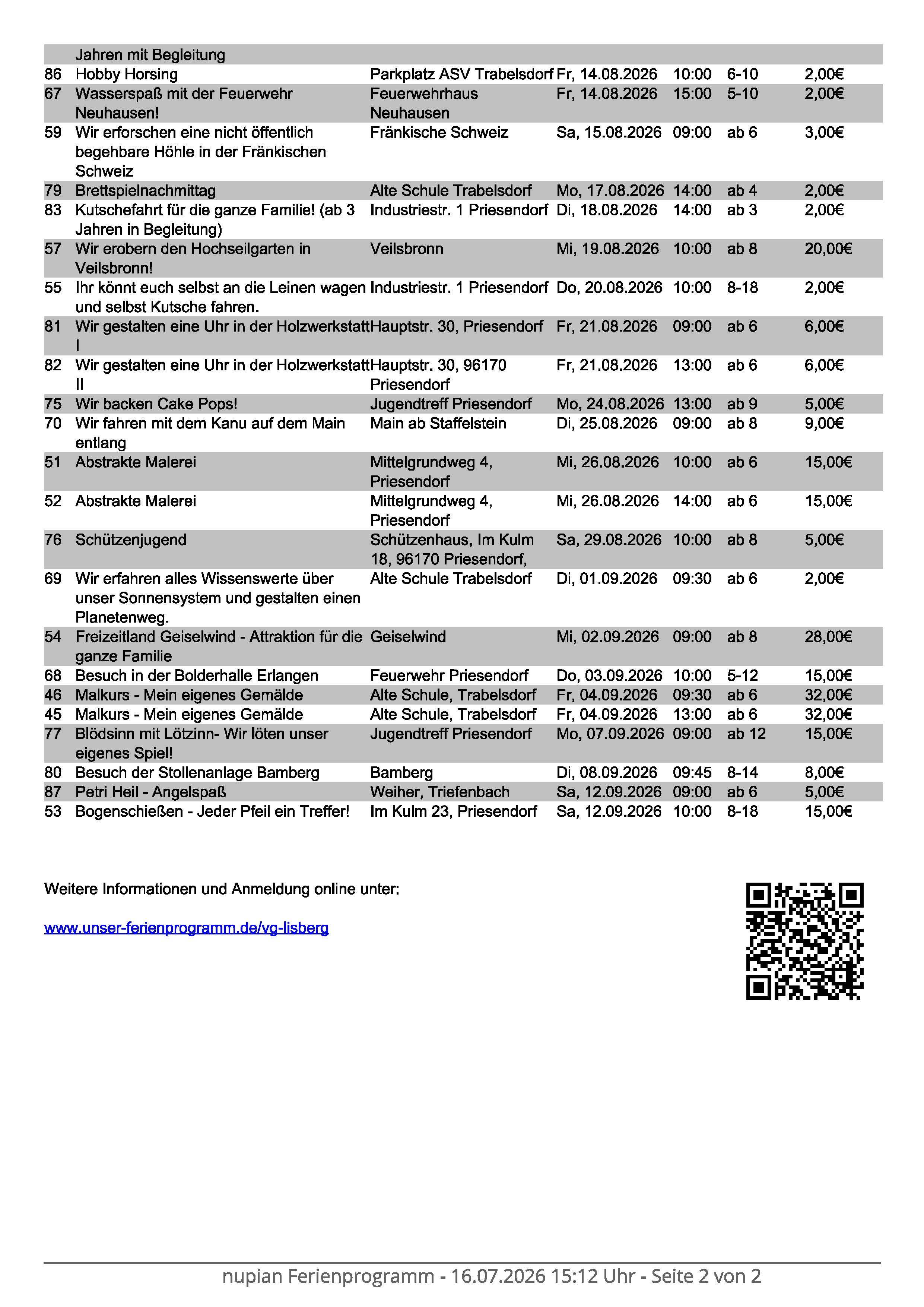 Ferienprogramm 2026 - online Anmeldung ab Freitag, den 17.07.2026 um 9 Uhr möglich!